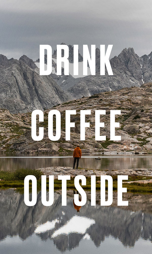 VSSL Drink Coffee Outside Hiker Outside Viewing Mountain Range by Lake